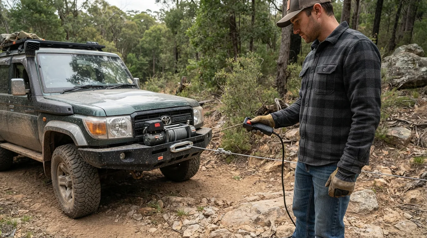 A person using the wired remote control while standing beside a mounted winch.