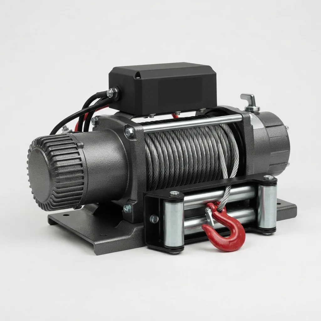 Badland ZXR 12,000 lb. winch with wire rope coiled on its drum.