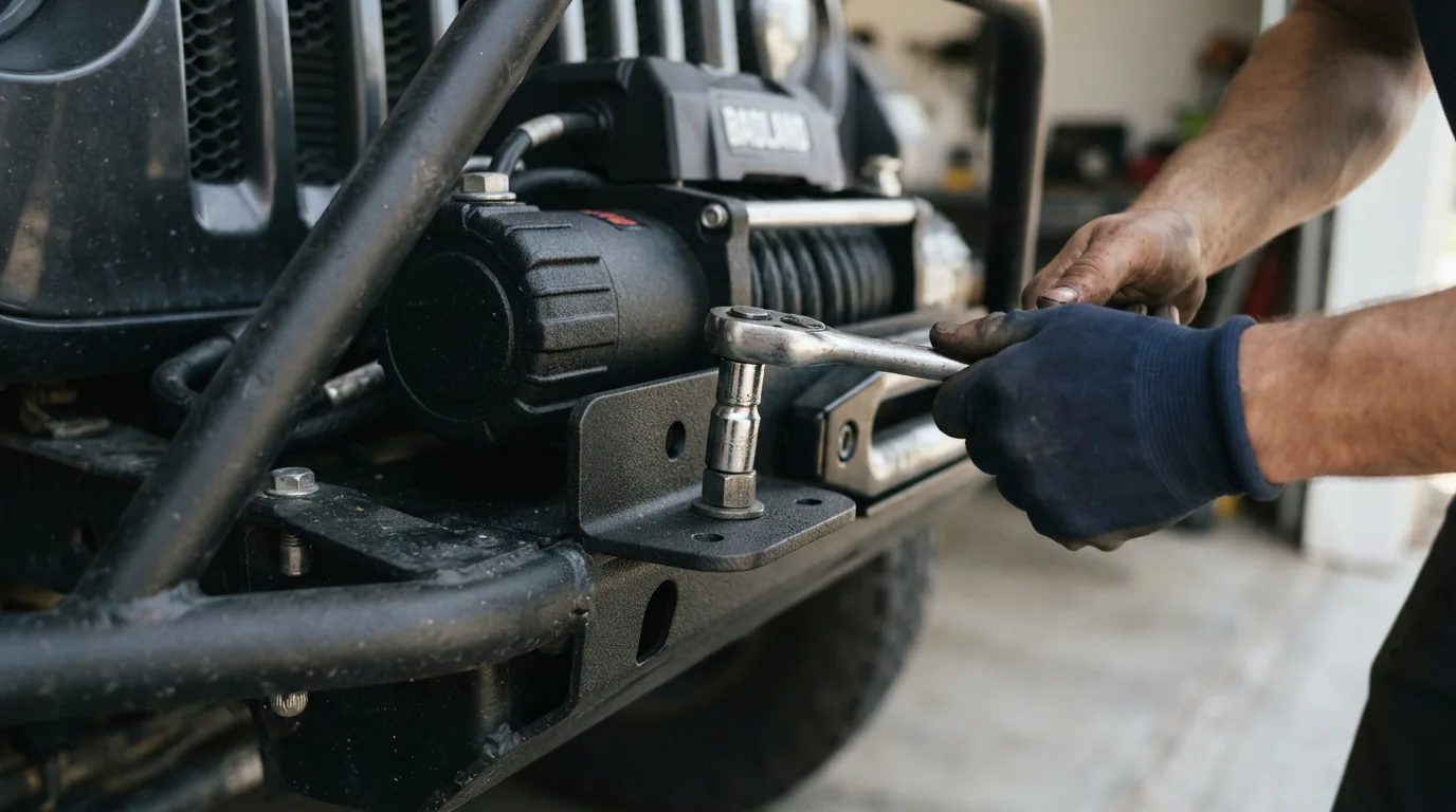 Hands securing the Badland winch to a vehicle bumper mount with bolts
