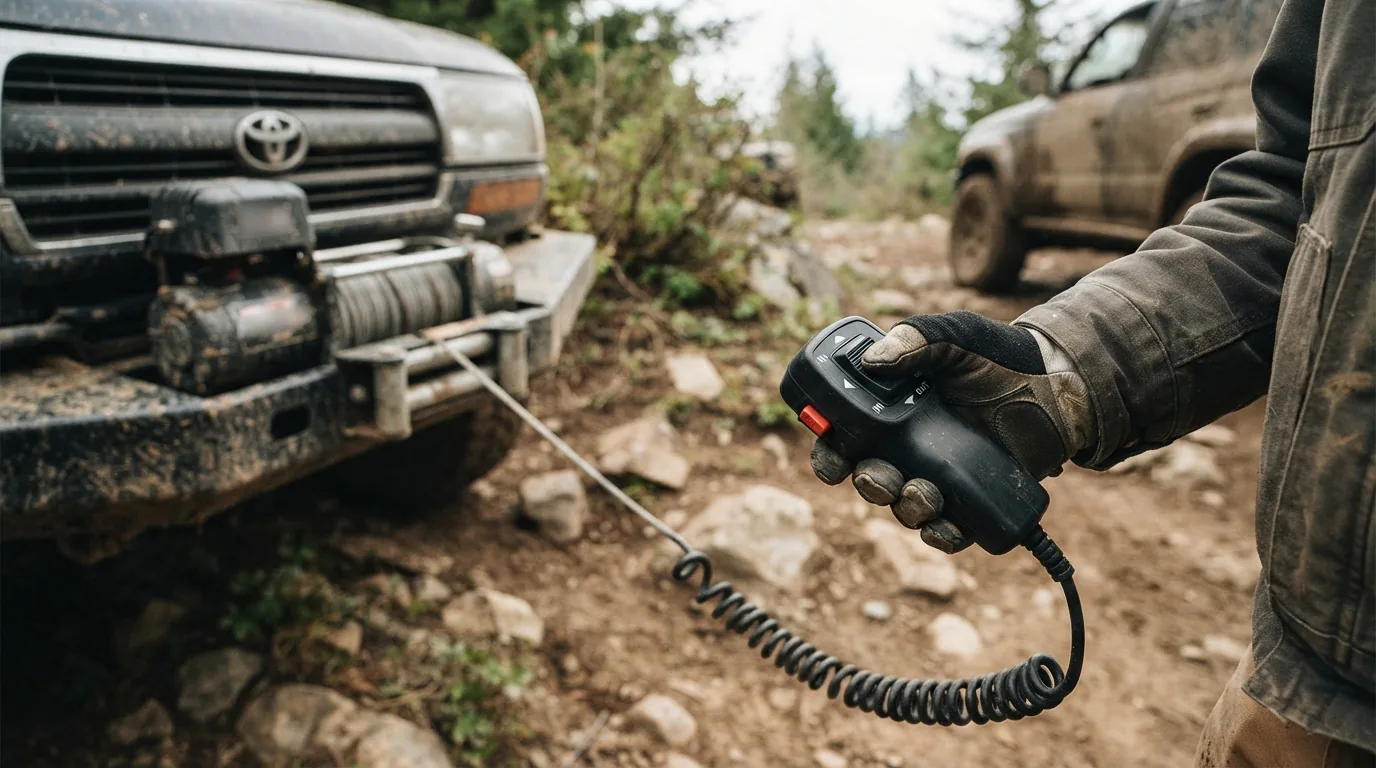 The wired remote control held in a hand, with the winch cable taut in the background.