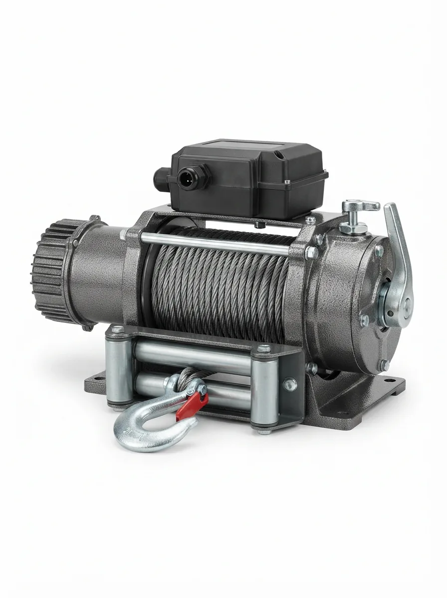 Front view of the Badland ZXR 12000 winch with wire rope, displayed on a clean white background.