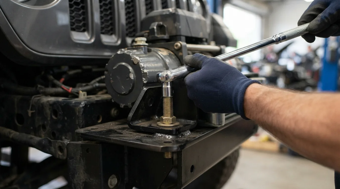 Hands using a socket wrench to tighten a mounting bolt on the winch base.