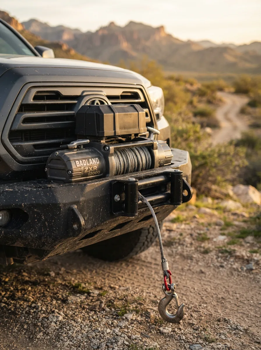 BADLAND ZXR 12,000 Lb. Truck/SUV Winch with wire rope, shown mounted on a vehicle.