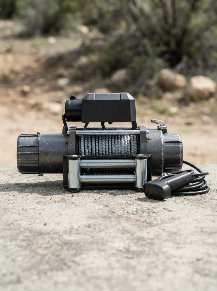 The Badland 5000 lb. electric winch with its remote control, presented on a rugged surface.