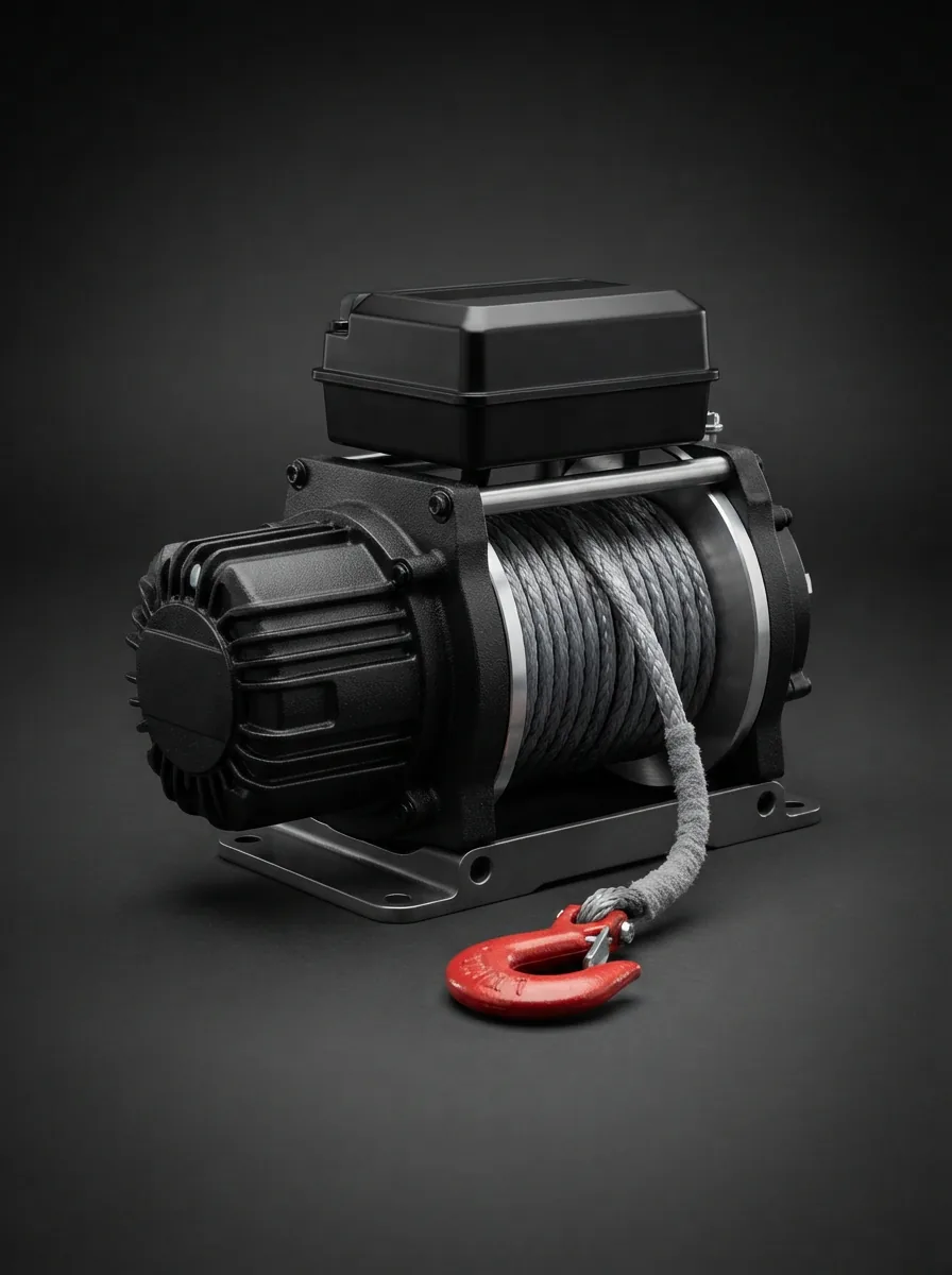 BADLAND APEX 5500 lb. UTV Long-Drum Winch with synthetic rope, shown from a front three-quarter angle on a clean surface.