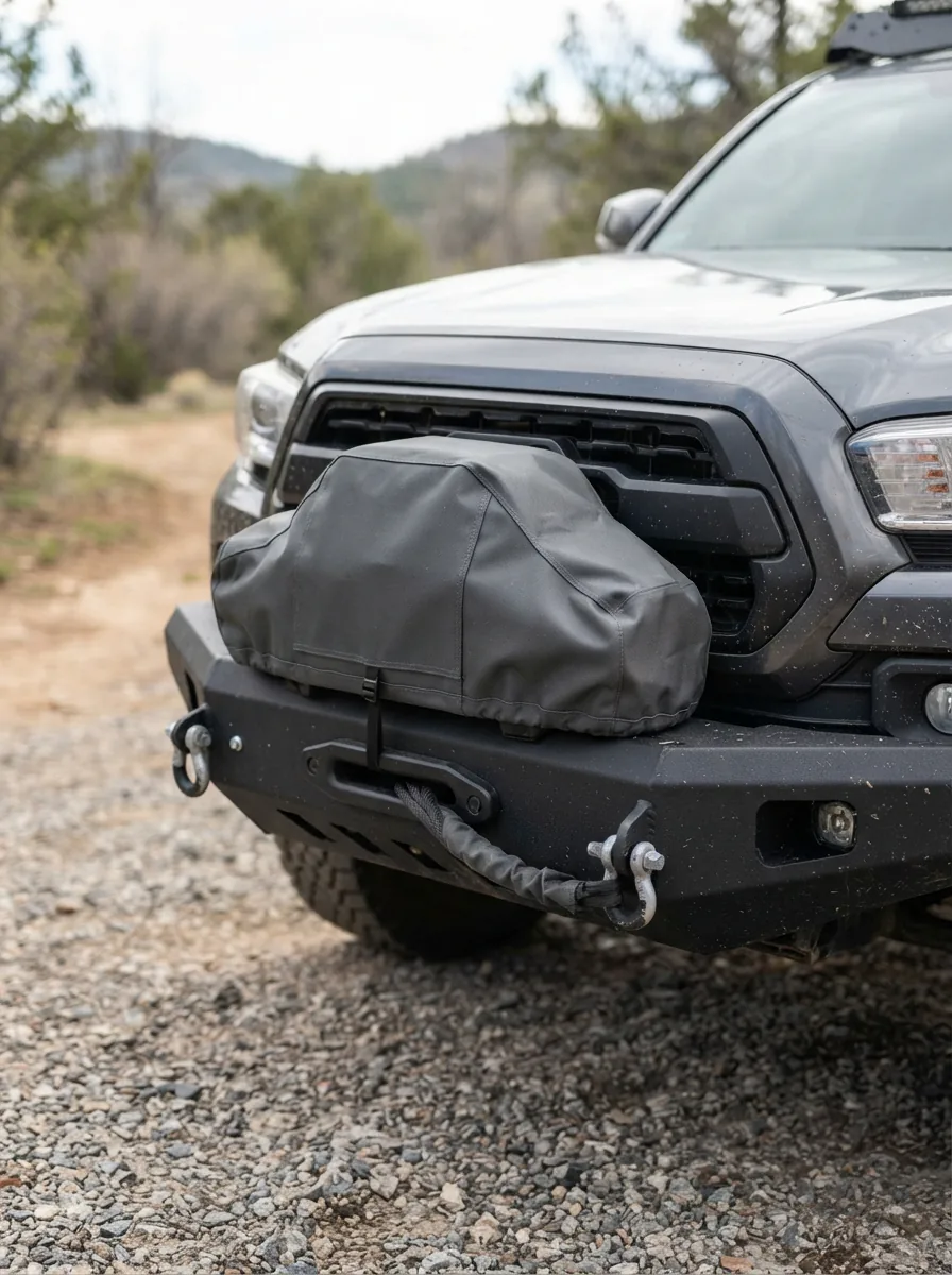 Badlands winch cover installed on a winch mounted to a truck in an outdoor setting.