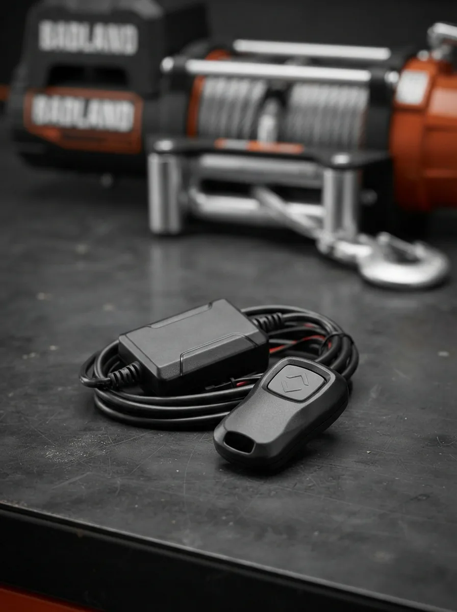 Badland wireless winch remote control receiver and transmitter displayed next to a Badland winch.