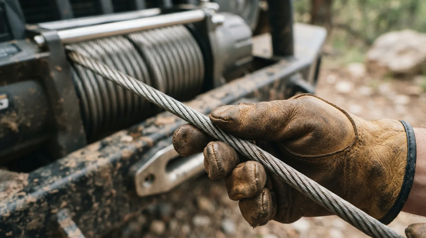 A gloved hand inspecting a section of steel winch cable for damage.