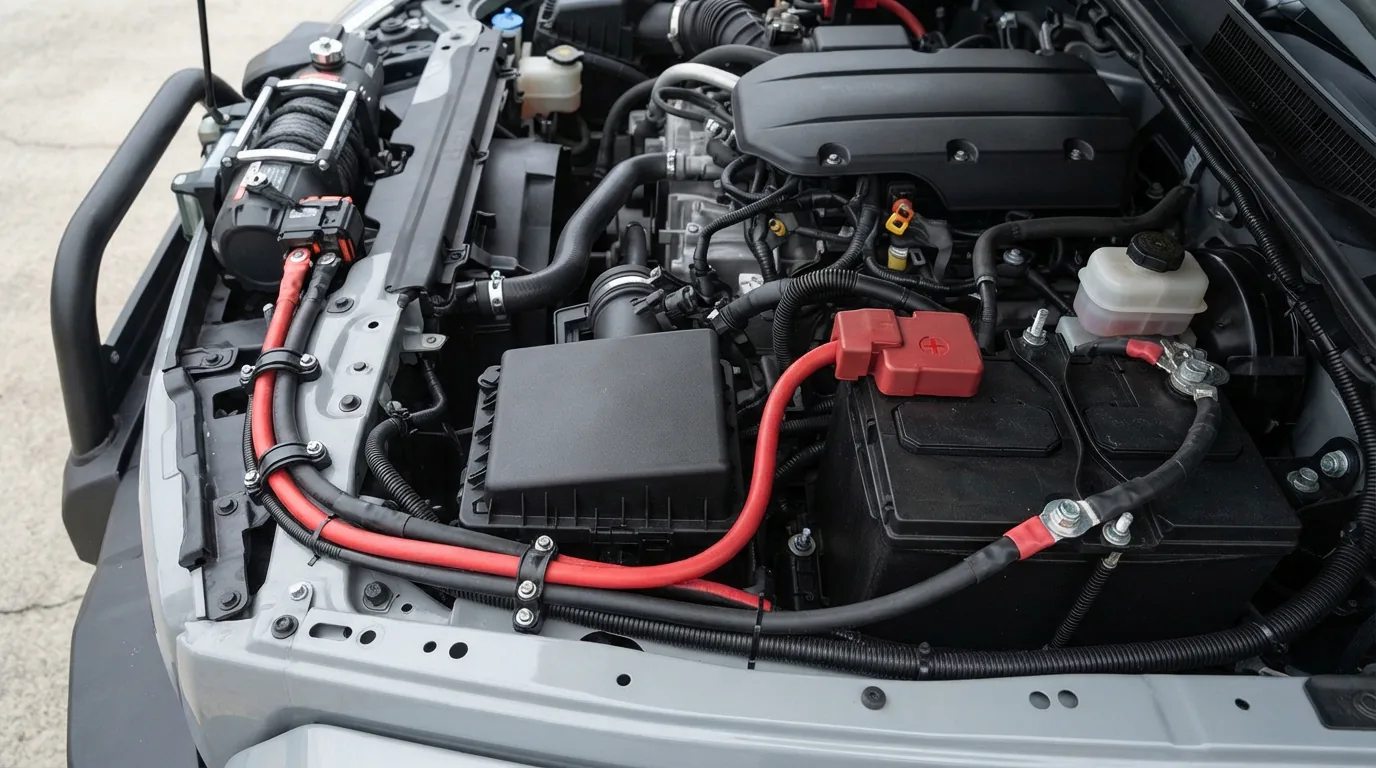 Diagram or photo showing proper cable routing from the winch to a vehicle battery.