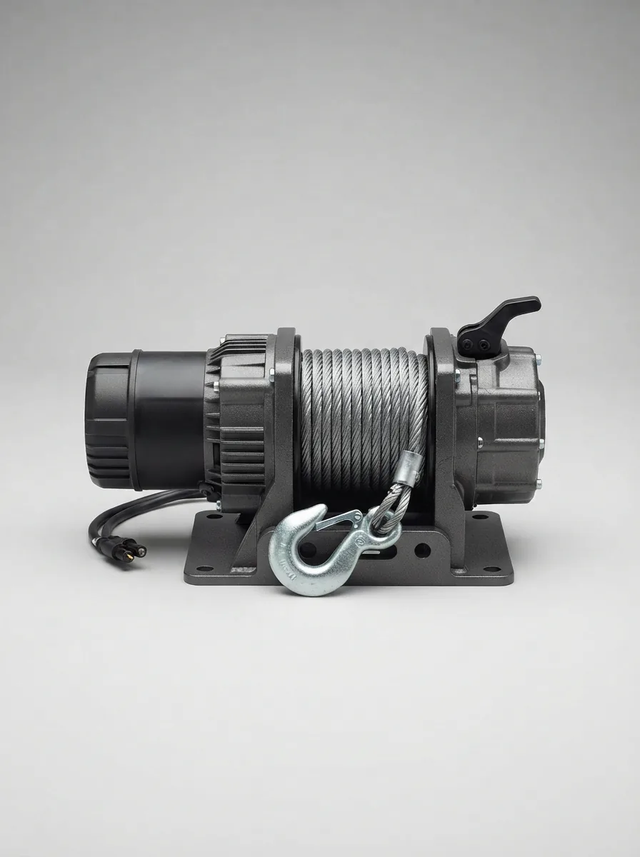 The complete Badland 2000 lb. Utility Trailer Winch with its steel rope and hook.